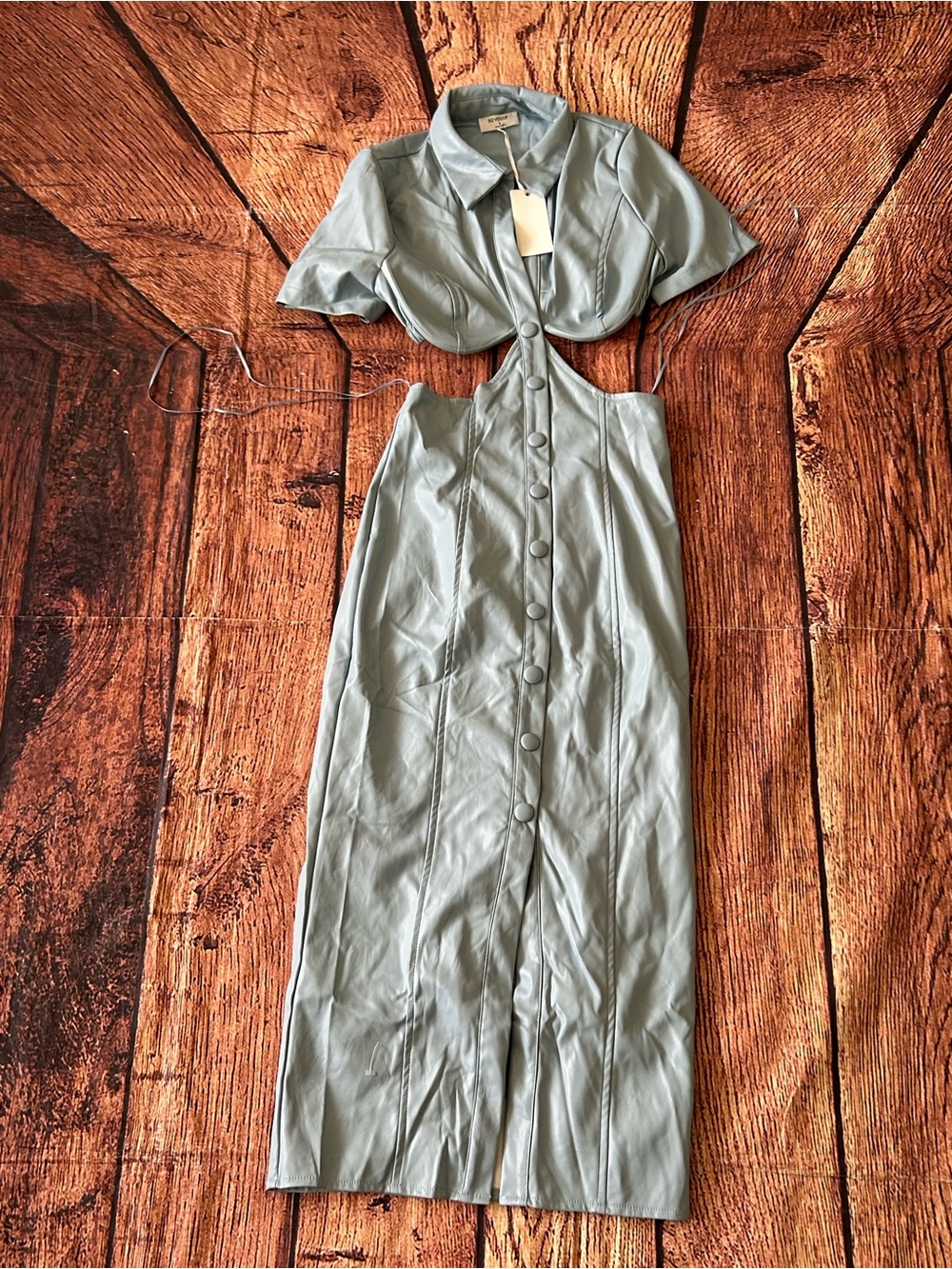 NEW Reverof Baby Blue Faux Leather Cutout Midi Length Dress  Short Sleeve Size S